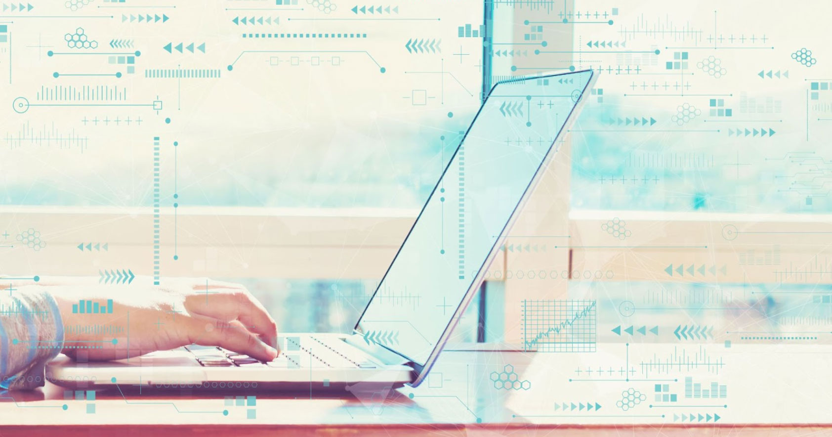 Image of someone using a laptop with AI numbers and figures floating in the air.